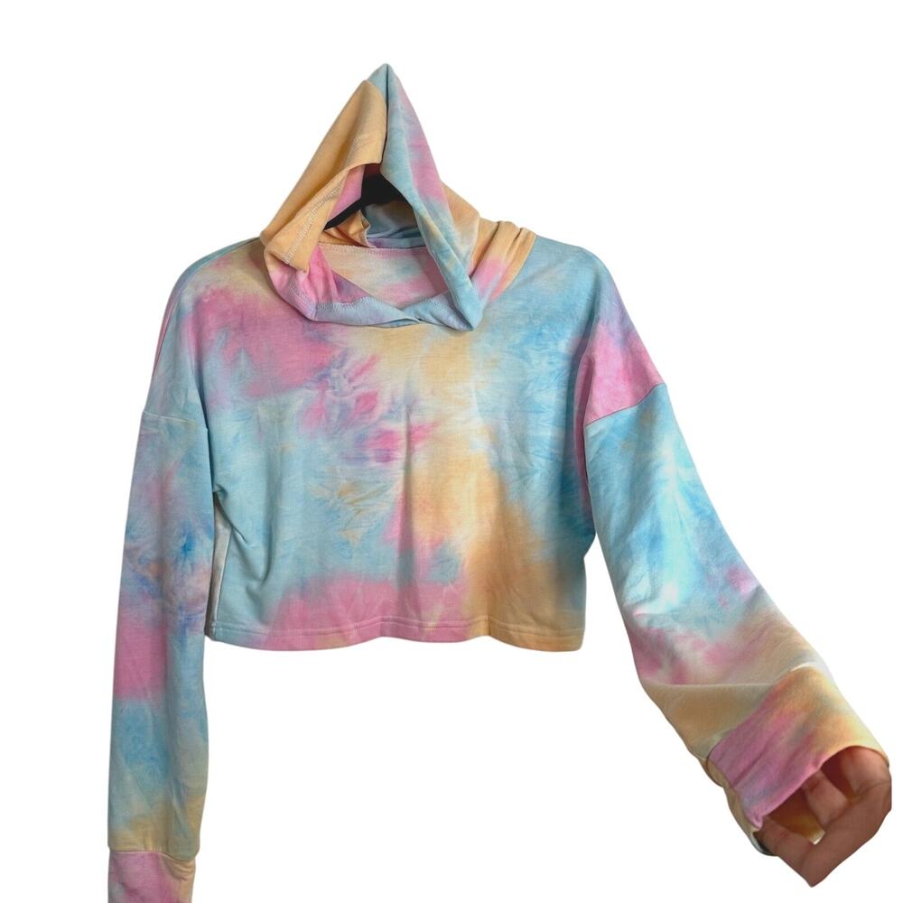 Lightweight Pale Pink Blue Tie Dye Drop Shoulder Long Sleeve Crop Hoodie Small